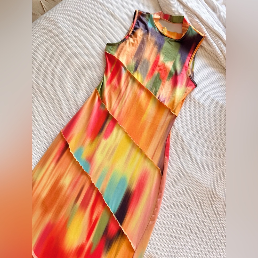 Bodycon Stretchy Multicolor Sleeveless Maxi Dress w Mock Neck - Picture 11 of 16